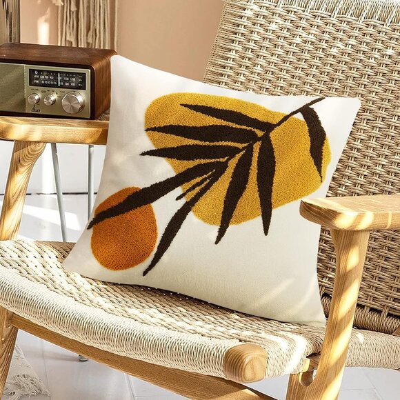 Abstract Throw Pillow Covers Orange Mid Century Geometric Leaf Decorative Cases - Picture 2 of 6